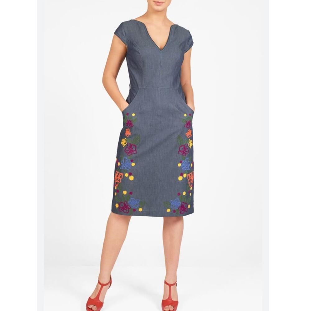 Eshakti Floral Embroidered Boho Sheath Dress Size XL Chambray Denim Cotton India